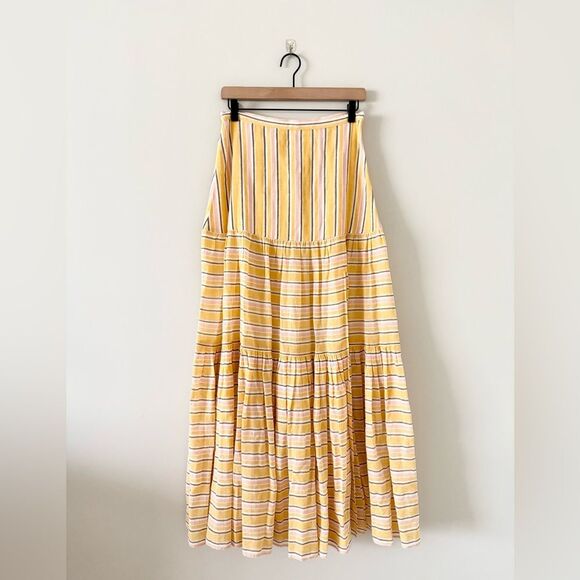 Veronica Beard Serence Cotton Blend Maxi Skirt in Yellow Pink Metallic Stripe S - Picture 2 of 7